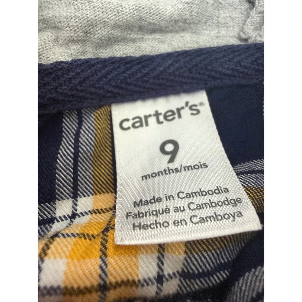 Carter's Baby Boy 9M Plaid Hooded Shirt Navy Yellow Flannel Button Down
